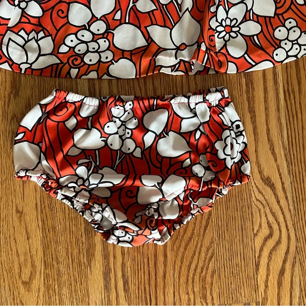 Vintage 1970’s Mod or Gogo Red & White Floral Long Sleeve Dress with Bloomers - Picture 3 of 8